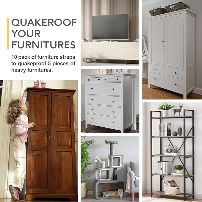 Furniture Anchors (10 Pack) Anti Tip Furniture Straps for Baby Proofing, 400lbs Tension Earthquake Resistant Metal Straps, Furniture Wall Anchor Prevent Baby Pet from Falling Furniture