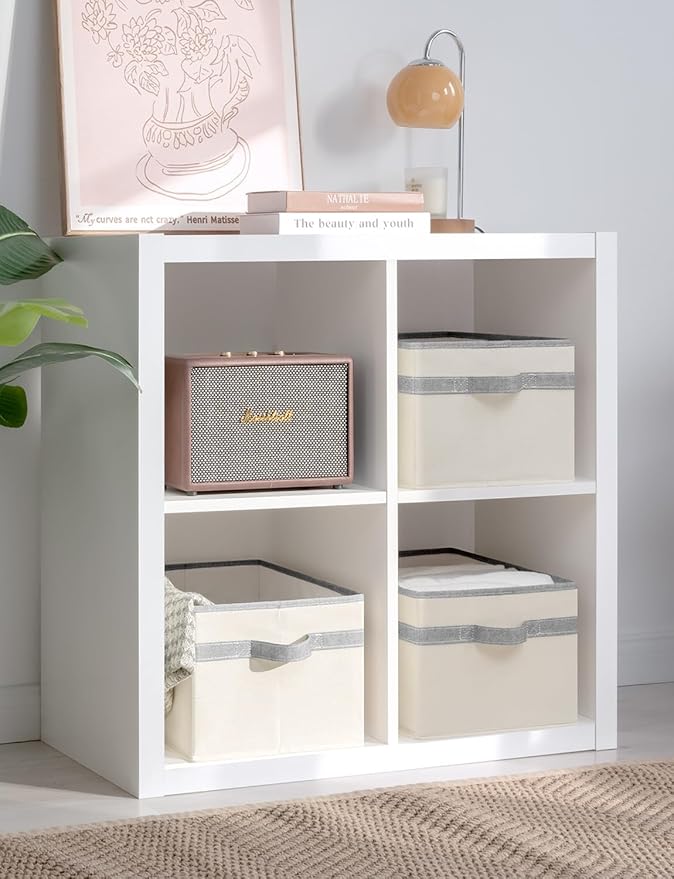 StorageWorks Storage Baskets for Shelves, Foldable Fabric Closet Storage Bins with Handles, Fabric Storage Bins Clothes Organizer, Beige and Gray, 3-Pack, Large