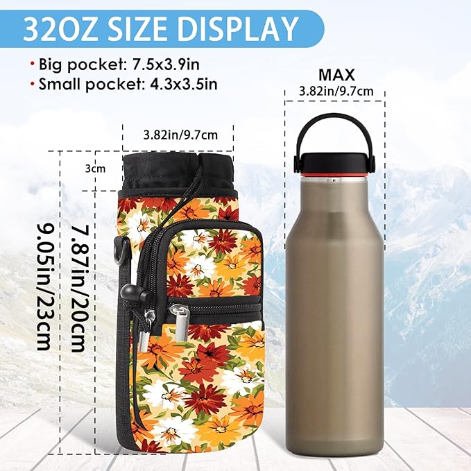 25/32/40/64oz Water Bottle Bag Holder Carrier-Insulated Crossbody Sling Case Sleeve with Strap & Pockets for Men Women Gym Cycling Travel Walking Hiking Camping