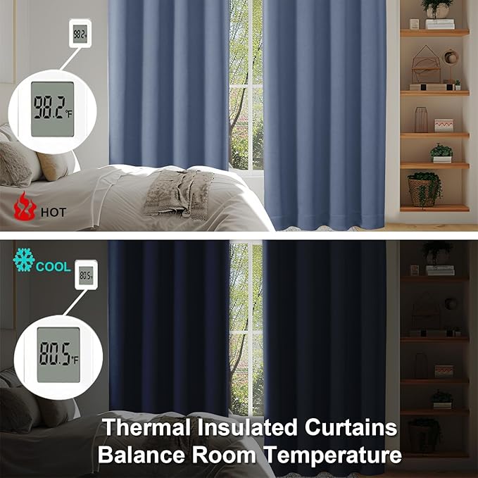 Simplebrand Ava Denim Blue Blackout Curtains for Bedroom 90 Inches Long 2 Panels Set, Solid Privacy Energy Saving Living Room Window Treatment Curtains Blackout Drapes, W40 x L90 Inch, Denim Blue