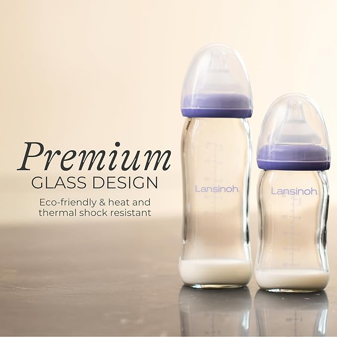 Lansinoh Anti-Colic Glass Baby Bottles, 8 Ounces, 4 Count Bottles for Feeding, Baby Essentials, Includes 4 Medium Flow Nipples, Size M