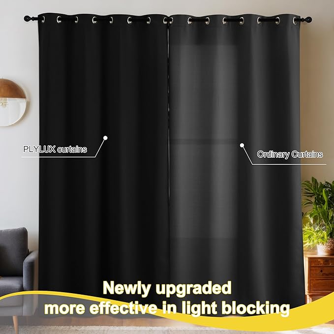 NICETOWN 100% Blackout Short Curtains 63 Inch Length for Bedroom, Privacy Thermal Insulated Grommet Window Drapes for Living Room, 2 Panels, Black, 42 x 63 Inch
