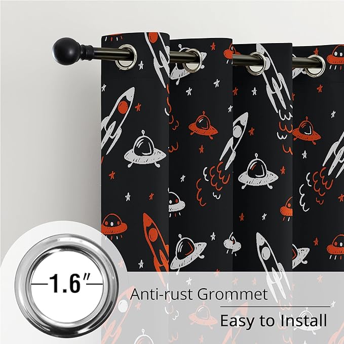 Kids Space UFO and Rocket Blackout Curtains - 100% Blackout, Thermal Insulated, Noise Reducing, Perfect for Kids Room and Nursery, 2 Panels (Starlight Rocket Chase, W52×L63)