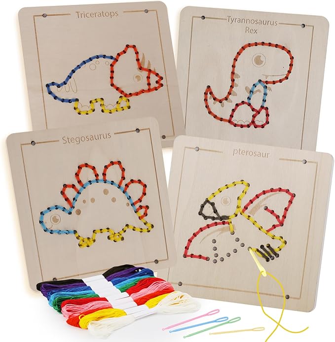 Montessori Wooden Lacing Dinosaur Toys for Toddlers and Kids Ages 2-4 5-7, Sewing Kit Fine Motor Skill Busy Board, Education Sensory Preschool Toy for 1 2 3 4 Year Olds, Birthday Gift for Boys Girls