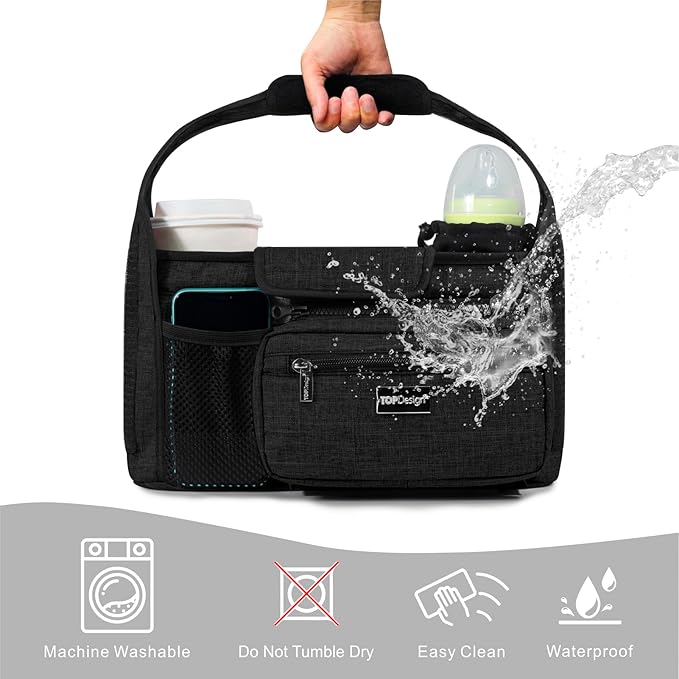 TOPDesign Universal Baby Stroller Organizer, Stroller Caddy with Detachable Mesh Bag & Heightened Insulated Cup Holders & Non-Slip Secure Hooks Accessories, Fits Most Strollers (Construction Trucks)