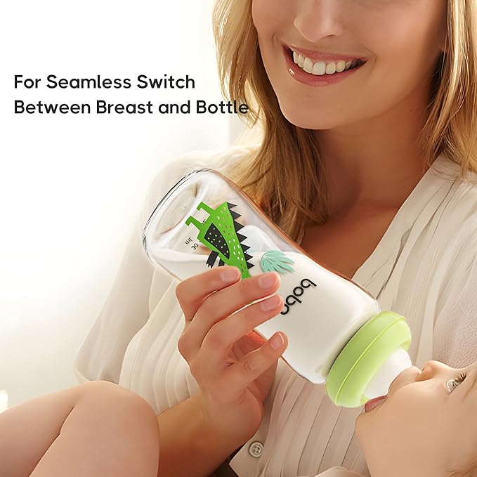 YOHKOH Natural Glass Baby Bottle with Natural Response Nipple, Newborn Anti-Colic Baby Bottles, Wide Neck Mushroom Cap Baby Bottle, Clear (8.8ounce (Pack of 2), Green2)