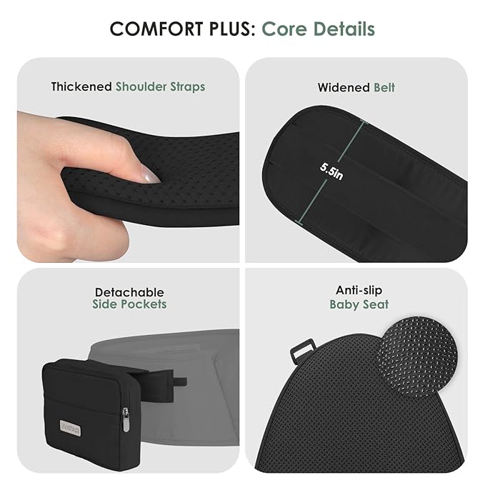 FRUITEAM Baby Carrier Newborn to Toddler 6 in 1 Hip Waist Stool with Head and Lumbar Support, Safety - Certified Hip Seat Carrier, Adjustable & Removable Baby Carrier for All Seasons, Black