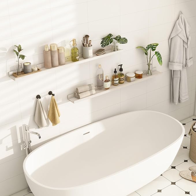 Picture Ledge Shelf, 48 Inch Long Floating Shelves for Wall, Nursery Bookshelf for Storage with Lip, Rustic Elm Wood Photo Ledge Shelves for Bedroom, Living Room, Kitchen (White, 48in Set of 2)