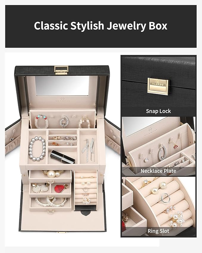 Vlando Jewelry Box Organizer for Girls Women, Large Baroque Jewelry Holder Organizer with Mirror, 3 Drawers for Bracelets, Earrings, Rings, Necklaces, Mothers Day Gifts for Loved One, Black