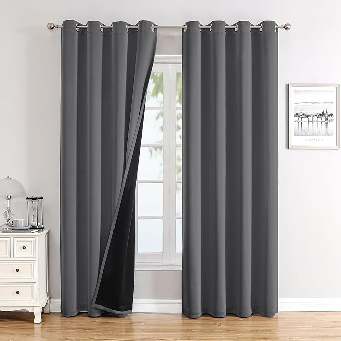 ChrisDowa 100% Blackout Curtains 80 inch Long for Bedroom with Black Liner, 2 Thick Layers Total Blackout Thermal Insulated Grommet Window Curtains 2 Panels Set (Grey, 52 x 80 Inch)