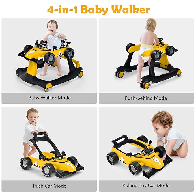 HONEY JOY 4-in-1 Baby Walker, Activity Push Walker w/3 Adjustable Heights, Smooth Wheels w/Adjustable Speed, Padded Seat, Music & Light, Foldable Car Walker for Baby Boys Girls Age 6 Months+ (Yellow)
