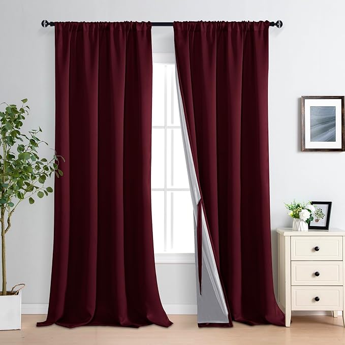 XWZO 100% Blackout Curtain Panels - Extra Long Rod Pocket Thermal Insulated Black Liner Curtains, Noise Reducing and Heat Blocking Drapes for Bedroom with Tiebacks, Burgundy, W52 x L108, Set of 2