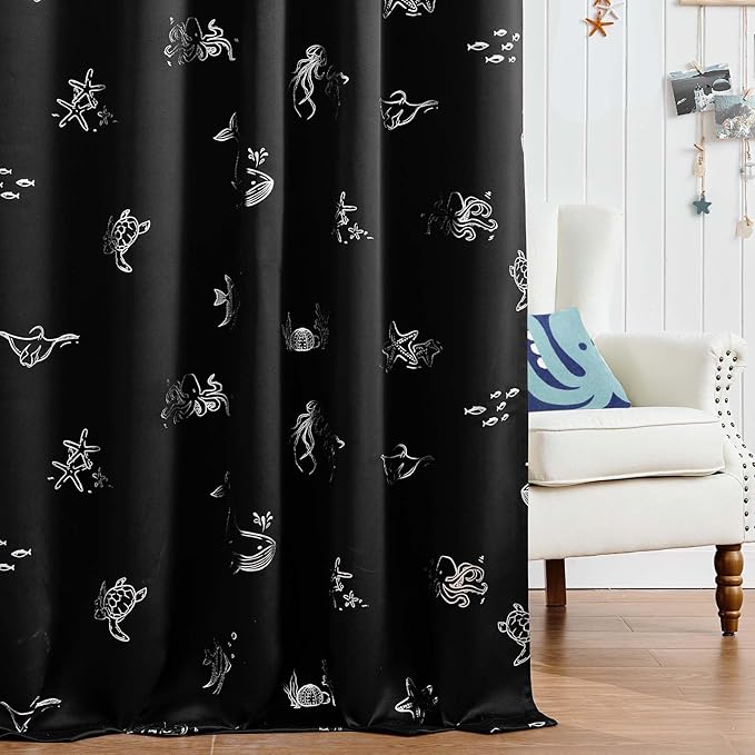 Vangao Kids Curtains for Boys Bedroom Kids Blackout Curtains 63 Inch Length Ocean Aquarium Nursery Drapes for Girls Bedroom Silver Sea Animals Print Thermal Insulated Drapes, Black 2 Panels