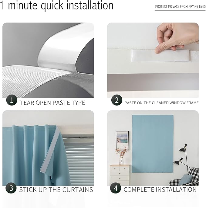 Self Adhesive Curtains, Black Out Shade for Window, Blackout Fabric Temporary Window Coverings Easy to Hang Curtains No Rod Needed, Use for Bedroom, Room, Kitchen, 59" W X 84" L, Lake Blue, 1 Panel