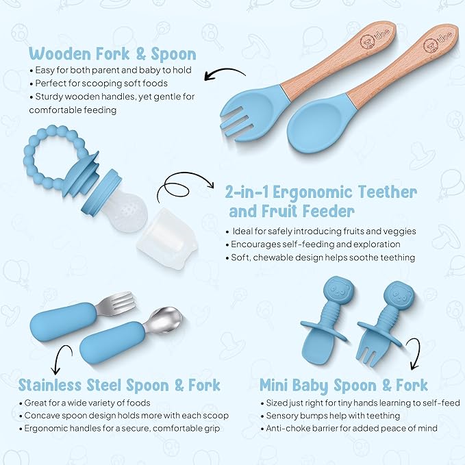 O'doe 17-Piece BPA-Free Silicone Baby Feeding Set | Thick & Soft Suction Plates, Baby Bowls, Wooden Fork & Spoon, and More | Make Mealtime Fun and Easy for Your Little One (Blue, V2)