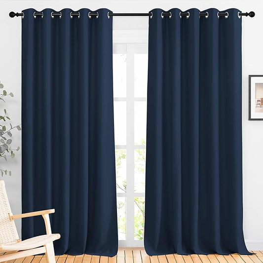 NICETOWN Navy Blue Blackout Living Room Curtains, 110 inches Long, Grommet Thermal Window Treatments Room Divider Blinds Sound Reducing, W66 x L110, 2 Pieces