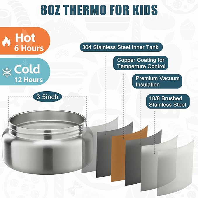 Bento Lunch Box for Kids with 8oz Soup Thermo&Lunch Bag, Leak-Proof Lunch Food Containers with 4 Compartment, Hot Food Insulated Food Jar for Kids School (Blue)