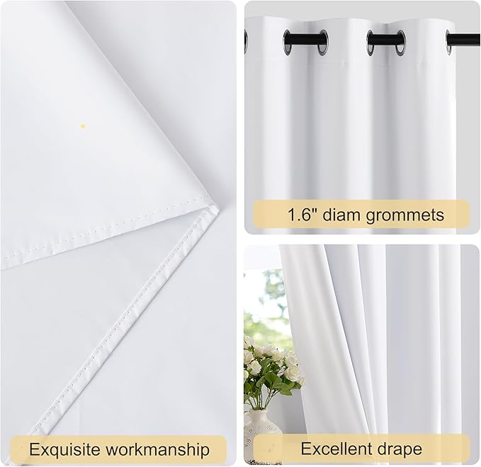 NICETOWN 100% Blackout White Curtains 63 inch Length, Grommet Thermal Insulated Window Treatment Heat Reducing Drapes for Bedroom/Kids Room, W37 x L63, 2 Panels