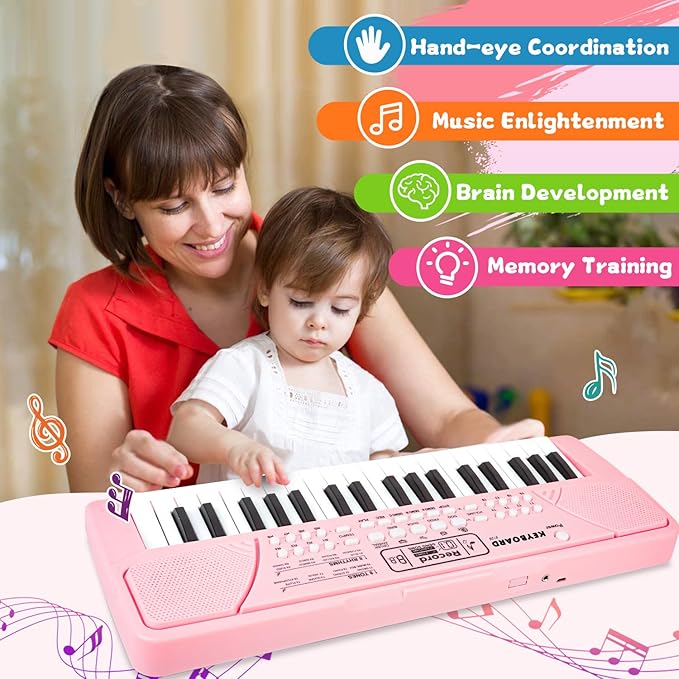 M SANMERSEN Kids Piano Keyboard with Microphone 37 Keys Portable Electronic Keyboards for Beginners Musical Toy for 3/4/5/6 Year Old Girls Boys, Pink
