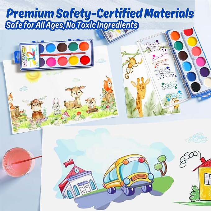 24 Packs Watercolor Paint Set Bulk, 12 Vibrant Colors Washable Watercolors with Brushes for Kids, Art Activities Painting Supplies for School Classroom Home