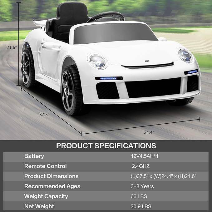 Licensed RUF CTR3 12V Kids Electric Car with Parent Remote Control, 2 Motors, 3 Speeds, LED Lights, MP3 Player | Battery Powered Ride-On Toy for Kids to Drive - White