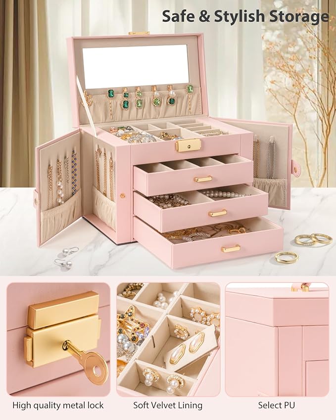 AKOZLIN Large 4-Tier Jewelry Box Leather Jewelry Storage Organizer with 3 Drawers Lockable for Women Girls Ring Necklace Earring Bracelet Watches Holder with Mirror Pink