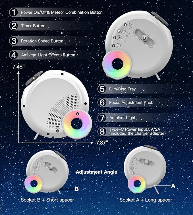 Galaxy Projector for Bedroom,4K Image Planetarium Projector Adjustable Knob,13 in 1 Kids Night Light Projector with Built-in Bluetooth Speaker & White Noise,360° Rotating with Remote Timer (White)