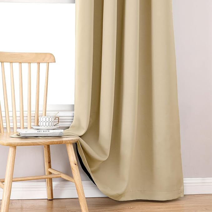ChrisDowa 100% Blackout Curtains 63 inch Long for Bedroom with Black Liner, 2 Thick Layers Total Blackout Thermal Insulated Grommet Window Curtains 2 Panels Set (Beige, 38 x 63 Inch)