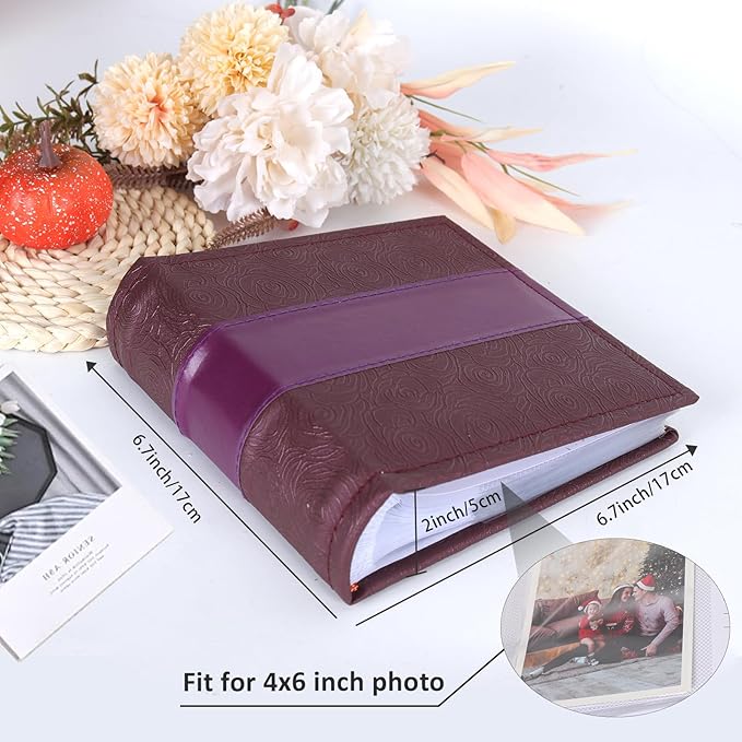 RECUTMS Photo Album 4x6 with Writing Space 100 Photos Photo Book, Leather Cover Picture Album with Memo Areas for Wedding Anniversary Family Baby Couple Valentines Graduation Travel (Purple)