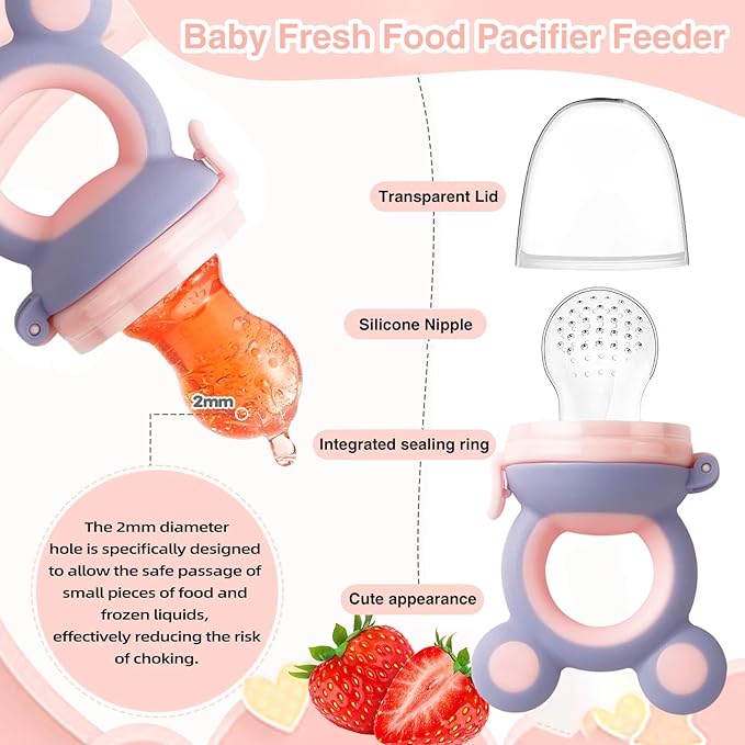 Baby Solids/Frozen Fruit Feeder Pacifier, Infant Teether Toy 4M+, BPA-Free Silicone Pouch & Nipple, Safely Introduce Solids, Teething Relief, 2-Pack - Yellow/Purple (Mouse)