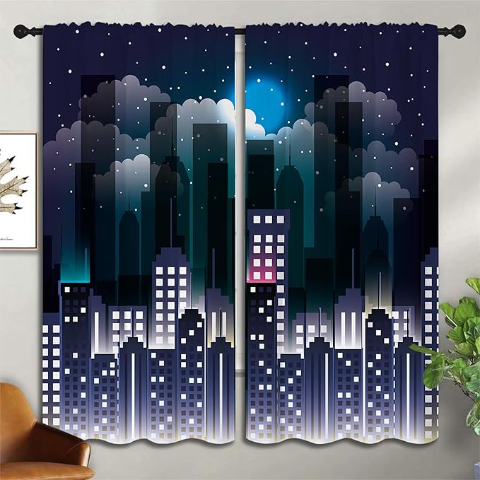 Superhero Rod Pocket Blackout Curtains for Boy Girl Bedroom, Violet Night Sky Buildings Cityscape Thermal Insulated Home Window Drapes for Living Room Darkening, 55x63 inch