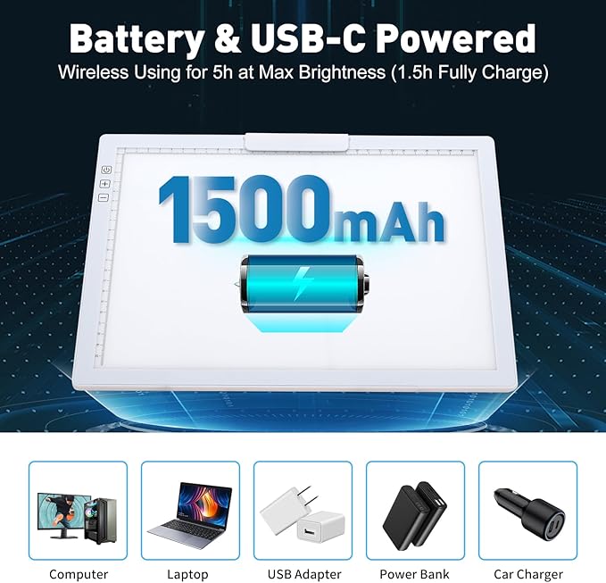 Rechargeable A4 Light Pad with Innovative Stand and Top Clip, Elice Wireless Bright Light Tracing Board Portable LED Artcraft Tracer Box for Drawing, Cricut Weeding Vinyl, Diamond Painting (White)