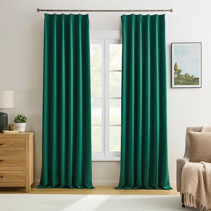 KEQIAOSUOCAI Dark Emerald/Hunter Green Curtains with Pinch Pleat 2 Panels Set,96 Inches Long 8 Ft Floor to Ceiling Length, Thermal Insulated Privacy Drapes/Draperies for Living Room Bedroom