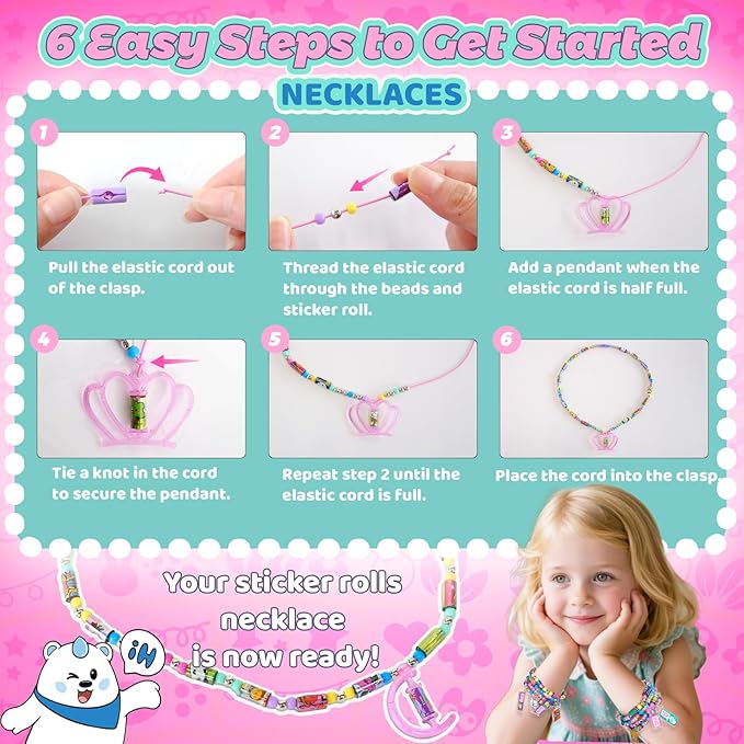 MooCubic Rolls Stickers Jewelry Making Kit, Includes 320 Mini Sticky, Builds 6 Bracelet or 2 Necklace, 200 Beads & 2 Pendants, Wearable DIY Friendship Gift for Kids Ages 5+ Girls & Boys (M1)