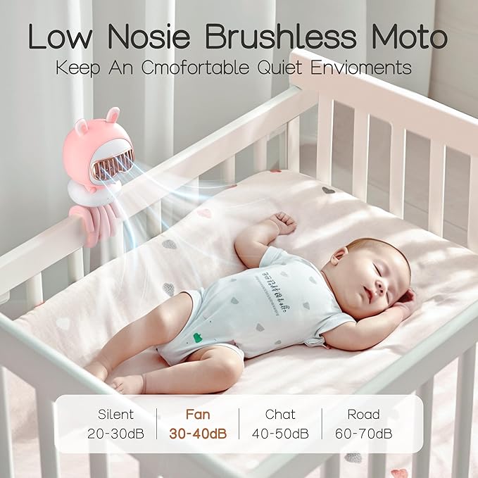Cute Bunny Stroller Fan Clip On for Baby, Bladeless Fan 4000mAh Rechargeable Battery Operated, Flexible Tripod, 4 Speeds, Auto Oscillating, Small Cooling Fan for Kids