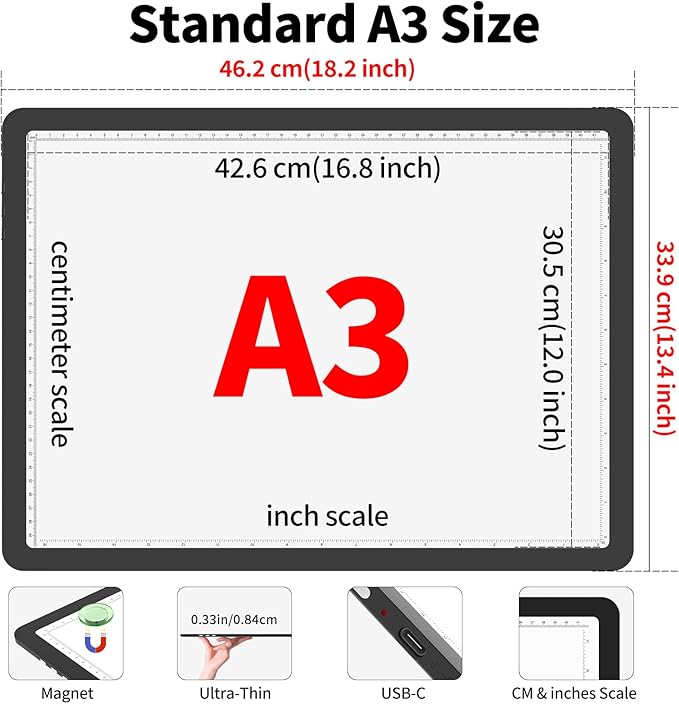 Phylosal Magnetic A3 Light Pad, Super Bright Light Box with Side Button, Diamond Art Light Board, Lightbox for Tracing and Drawing, USB Power Artcraft Light Table for Sketching, Weeding Vinyl (Black)