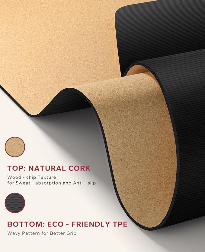 HAPBEAR Large Cork Yoga Mat - 72"x36" Wide Non-Slip for Home Workout, Yoga, Pilates & Stretching - 6mm Cushioned Support - Eco-Friendly & Durable - Bonus Resistance Bands & Carry Bag Included
