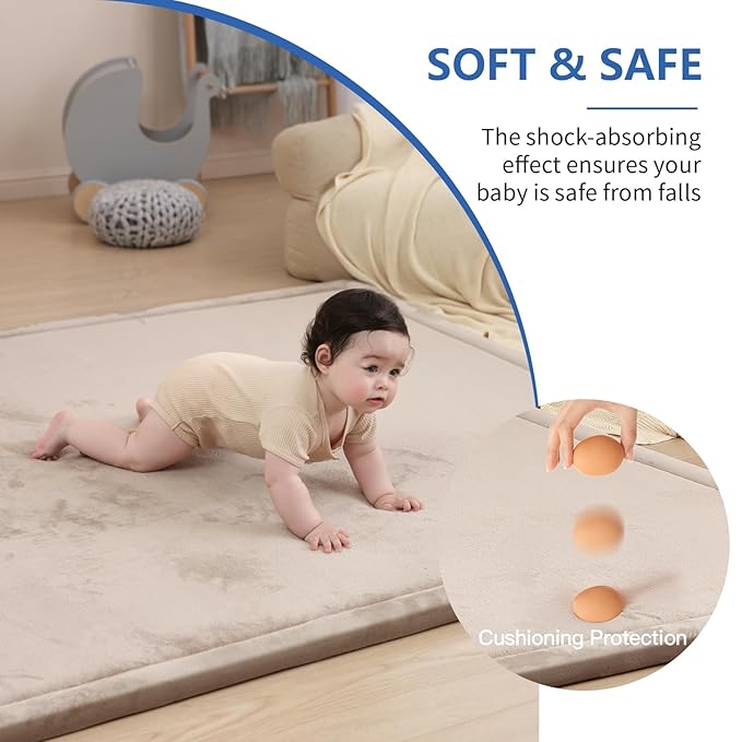 Baby Play Mat for Floor, 1.3" Thick Elasti-Foam 50x50 Playpen Mat for Toddlers Infant kids,Water-Repellent Soft Coral Velvet for Tummy Time, Non-Slip Backing for Crawling,Tatami Style(Beige)