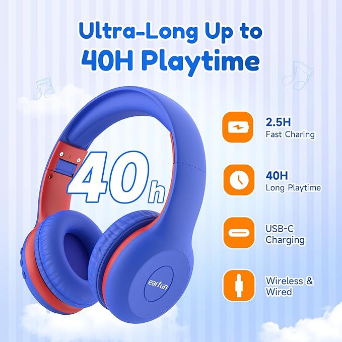 EarFun K2 Kids Bluetooth Headphones, Kids Headphones with Volume Limited, 40H Playtime, Built-in Mic, Stereo Sound, Foldable Over-Ear Headphone for School/Travel/iPad/Tablet, Blue