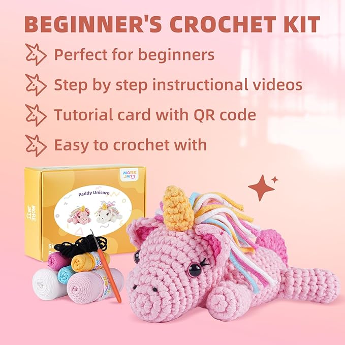 MOREJMTT Crochet Kit for Beginners, Learn to Crochet, Include Easy Knitting Soft Yarn, Step-by-Step Video Tutorial, Hook, Holiday Birthday Gift for Adults and Kids(Unicorn)