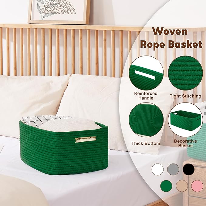OIAHOMY Storage Basket for Shelves, Closet Cube Storage Bins Baskets for Clothes Blanket Towels, Baby Nursery, Toy Baskets Box, Woven Rope Basket, 15.75*11.81*7.09 IN, 2 Packs Green