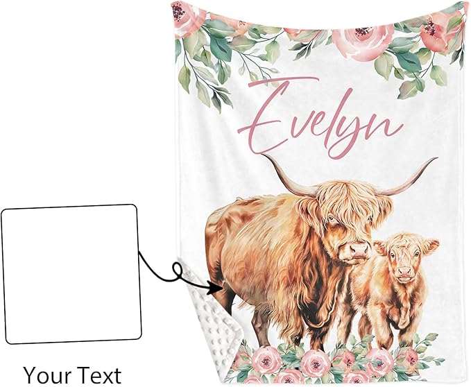 Custom Nursery Crib Bedding Set: Personalized Name 4 Piece Floral Highland Cow Design Baby Crib Sets for Girls - Toddler Double Layer Blanket Set, Comfortable Crib Bed Sheets for Baby Toddlers