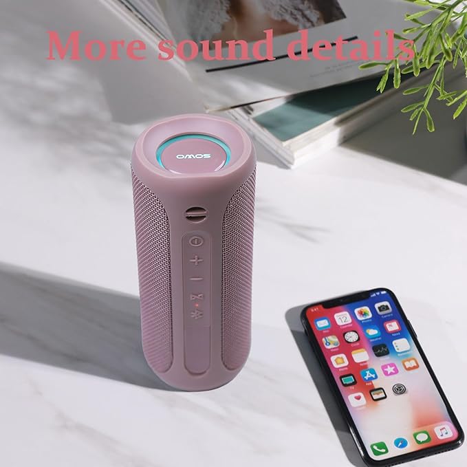 SOWO Outdoor Wireless Portable Bluetooth Speaker, IPX7 Waterproof Speaker, 25W Loud Sound, Bassboom Technology, TWS Pairing, 16H Playtime with Lights - Pink