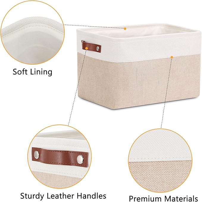 DULLEMELO Fabric Storage Bins, Storage Baskets for Organizing, Collapsible Rectangular Fabric Baskets for Shelves, Empty Gift Baskets (3-Pack Medium-15 inch X 11 inch X 9.5 inch , White&Khaki)
