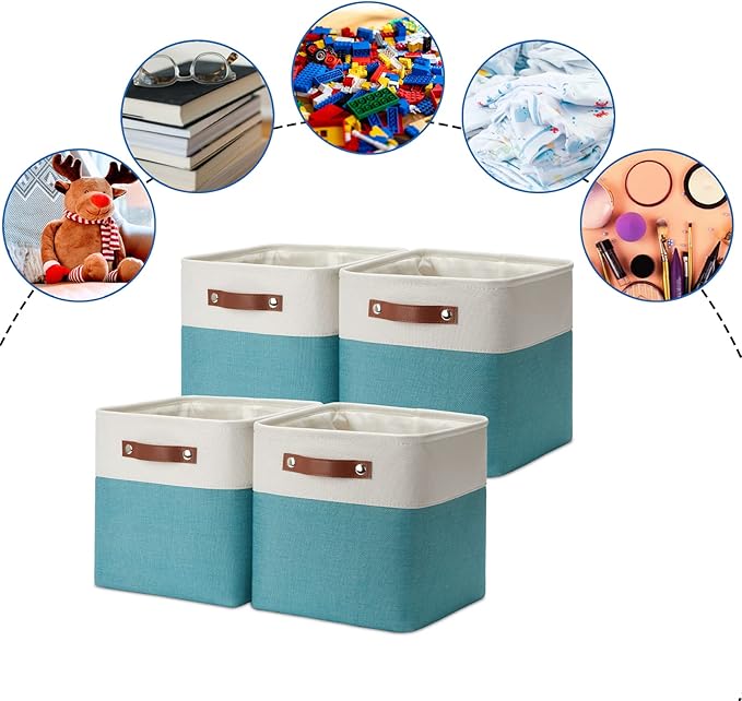 DULLEMELO Foldable Storage Cubes 11 x 11 Organizer Bins,Canvas Storage Bins Empty Gift Baskets for Organizing with SturdyLeather Handles, Closet Baskets for Nursery Storage(4 Pack - 11" White&Teal)