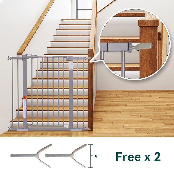 BABELIO 36-Inch Tall Baby Gate, 26-40" Wide Auto-Close Pet Gate, Easy Install and No-Drilling, Pressure Mounted with Wall Protectors and Extension Kits, Gray