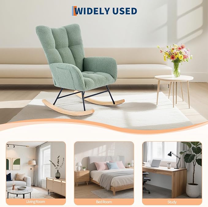 Nursery Rocking Chair,300Lb Glider Chair with Wood Legs/Two Side Pockets,Teddy Upholstered Glider Rocker with Padded Seat High Backrest for Living Room/Bedroom/Nursery