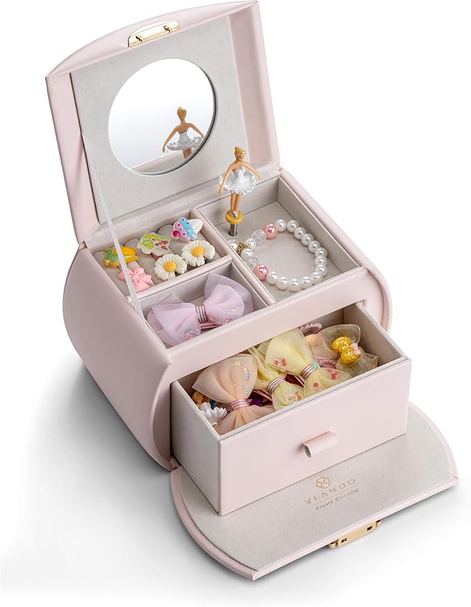 Vlando Musical Jewelry Box with Spinning Ballerina, Lockable Girls’ Jewelry Organizer for Necklaces Rings and Hair Accessories, Gift for Girls and Kids, Barely Pink