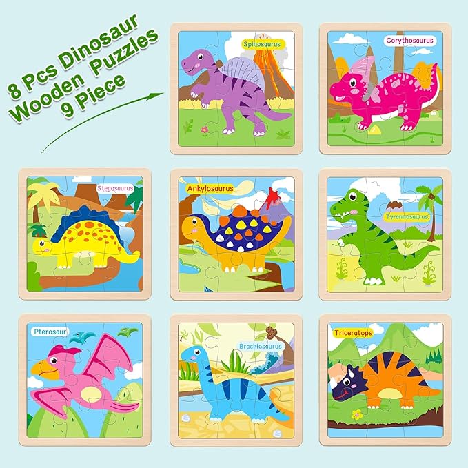 Wooden Puzzles for Toddlers 2-4, 9 Pieces Dinosaur Jigsaw Puzzles for Kids Ages 3-5, Preschool Learning Activities, Learning & Educational Toys, Gifts for Boys, Girls