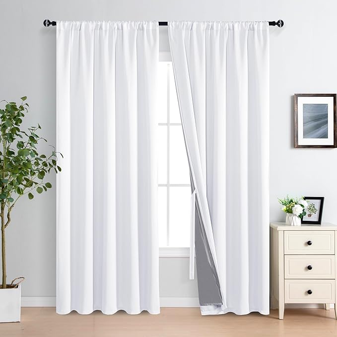 XWZO 100% Blackout Curtain 84 Inches Length 2 Panels Set - Extra Wide Rod Pocket Thermal Insulated, Noise Reducing & Heat Blocking Drapes for Bedroom with Tiebacks, White, W70 x L84, 2 Pieces